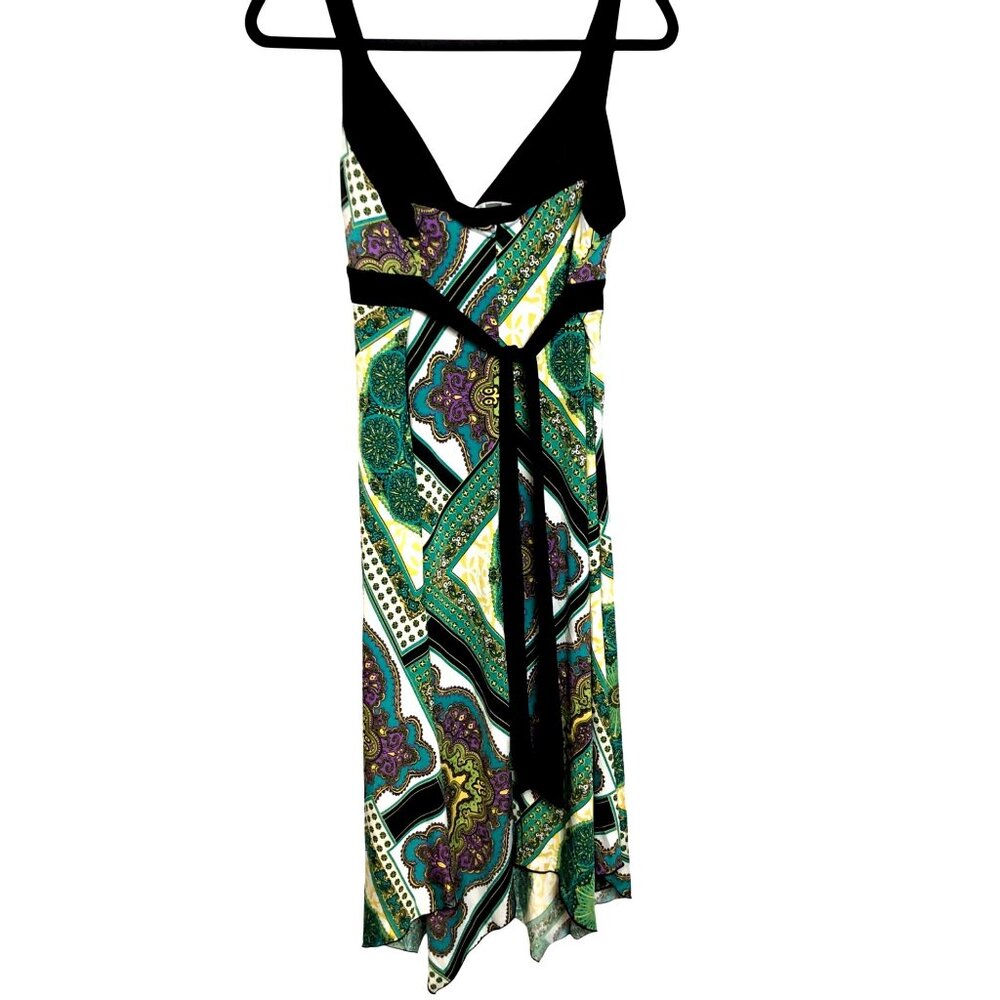 Dressbarn Womens V-Neck Sleeveless Handkerchief Hem Dress Size 14 Green & Purple - Picture 2 of 5